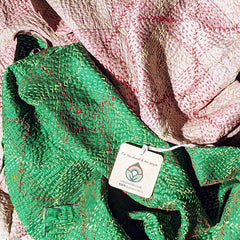 Handstitched Vintage Silk Sari Scarf - Green & Pink