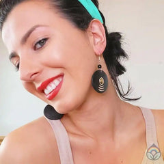 Gourd Earrings-Carved Black Disk with Brass Centre