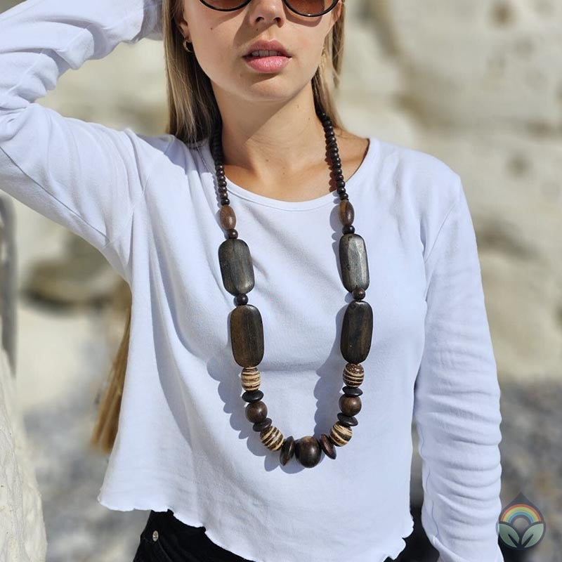 Flat Bead and Assorted Woods Necklace