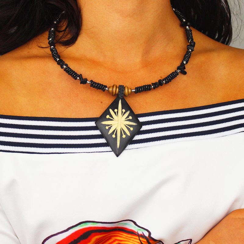 Carved Wood Diamond on White Beaded Collar