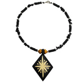 Carved Wood Diamond on Black Beaded Collar