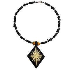Carved Wood Diamond on Black Beaded Collar
