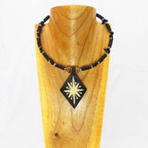 Carved Wood Diamond on White Beaded Collar
