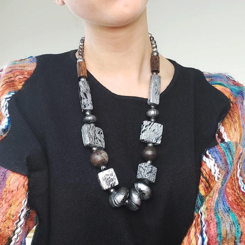 Marbled Painted Silver Bead Necklace