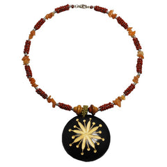 Carved Wood Round on Red Beaded Collar