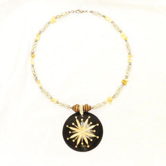 Carved Wood Round on White Beaded Collar