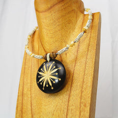 Carved Wood Round on White Beaded Collar