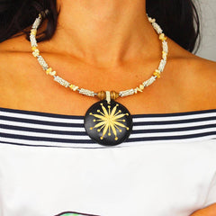 Carved Wood Round on White Beaded Collar