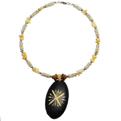 Carved Wood Oval on White Beaded Collar