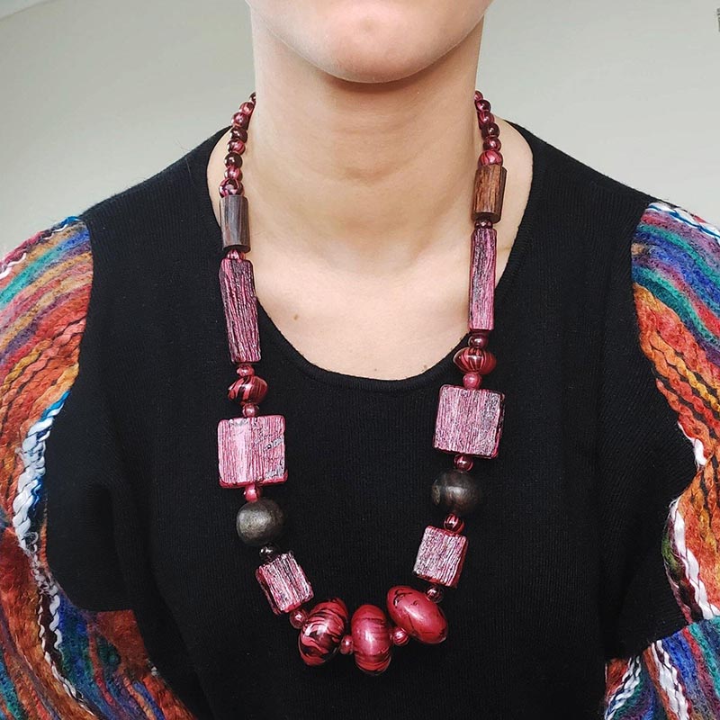 Marbled Painted Red Bead Necklace