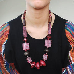 Marbled Painted Red Bead Necklace