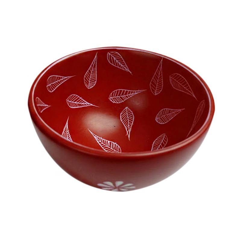 Kenyan Soapstone Bowl-Red, Leaf Engraved - Rainbow Life