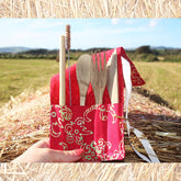 Bamboo Cutlery Set in Red Cotton Pouch.