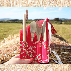 Bamboo Cutlery Set in Red Cotton Pouch.
