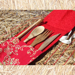 Bamboo Cutlery Set in Red Cotton Pouch.