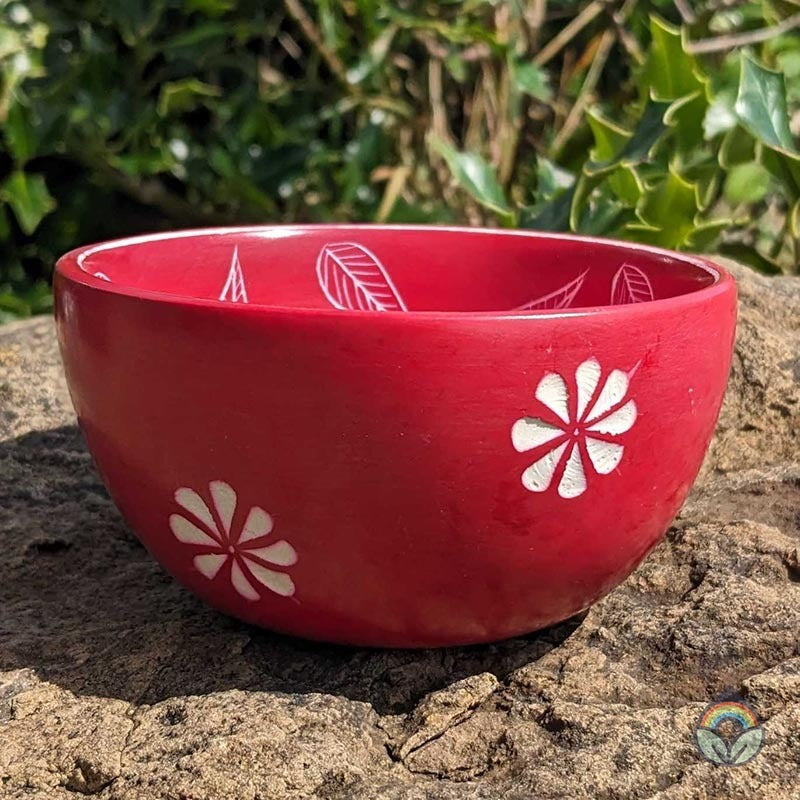 Kenyan Soapstone Bowl- Red - Leaf Engraved