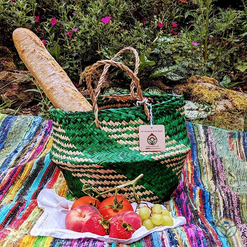 Seagrass Woven Basket - Natural & Green 25cm