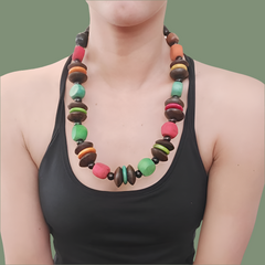 Rainbow and Natural Wood Bead Necklace