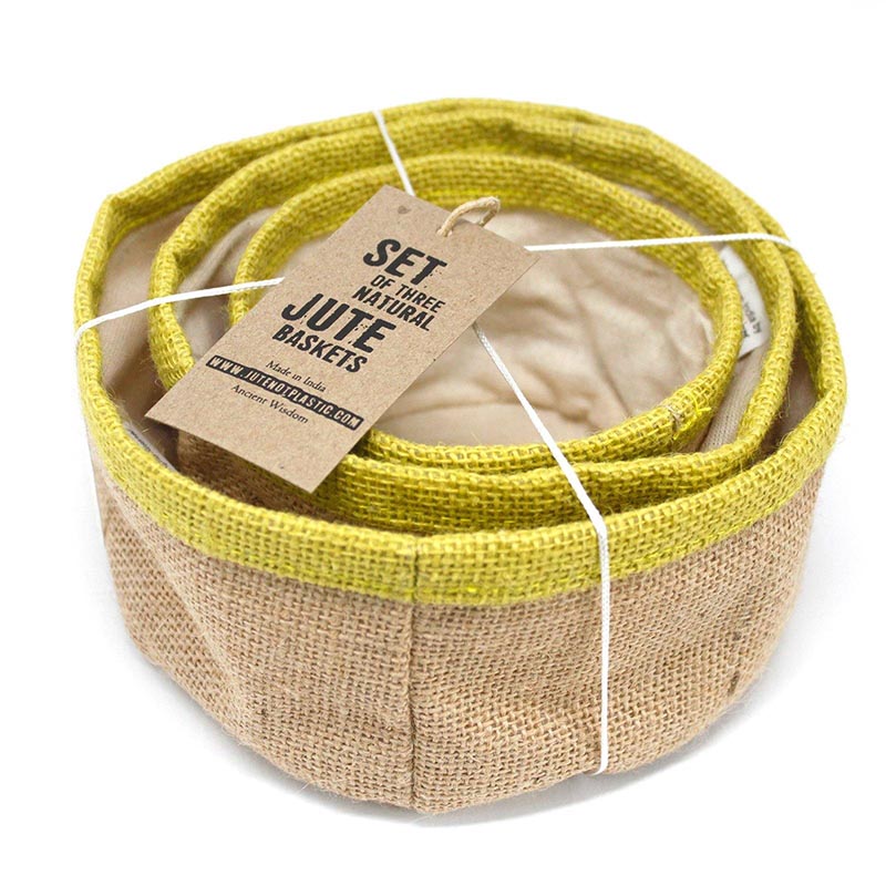 Natural Jute Basket Set - Lime Green