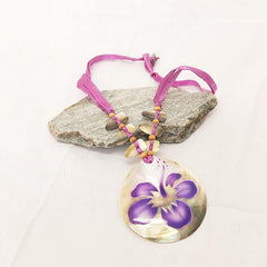 Shell Necklace With Flower Painting on Ribbon