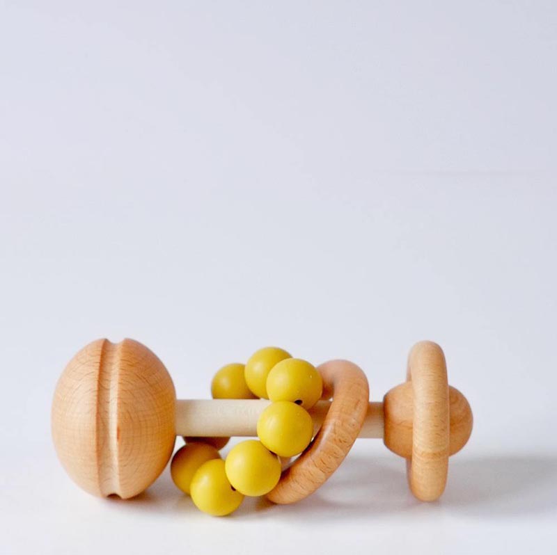 Wooden And Silicone Baby Rattle-Mustard Yellow