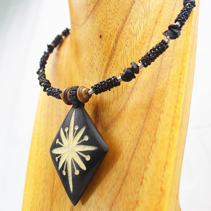 Carved Wood Diamond on Black Beaded Collar