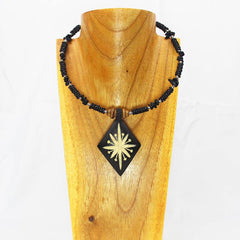 Carved Wood Diamond on Black Beaded Collar