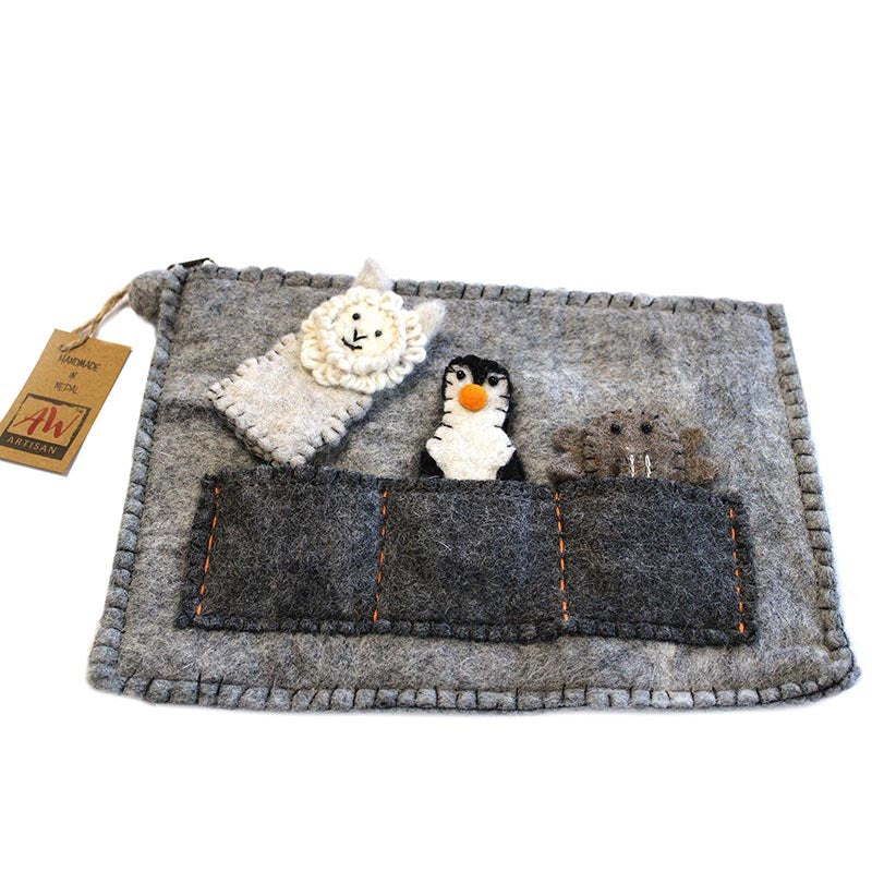 Load image into Gallery viewer, Felt Tablet Carry Pouch with 3 Finger Puppets
