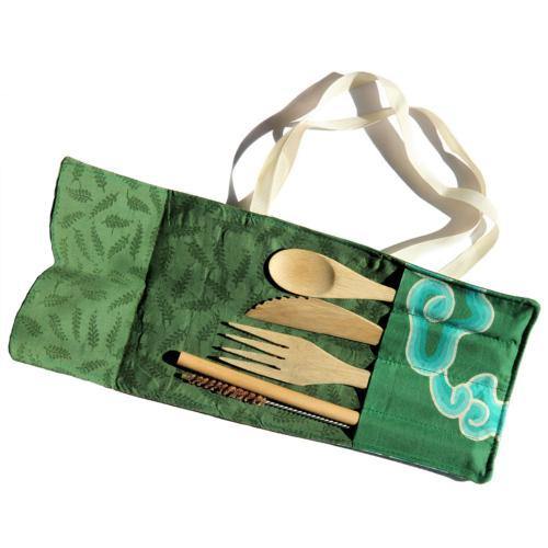 Bamboo Cutlery Set in Green Cotton Pouch - Rainbow Life