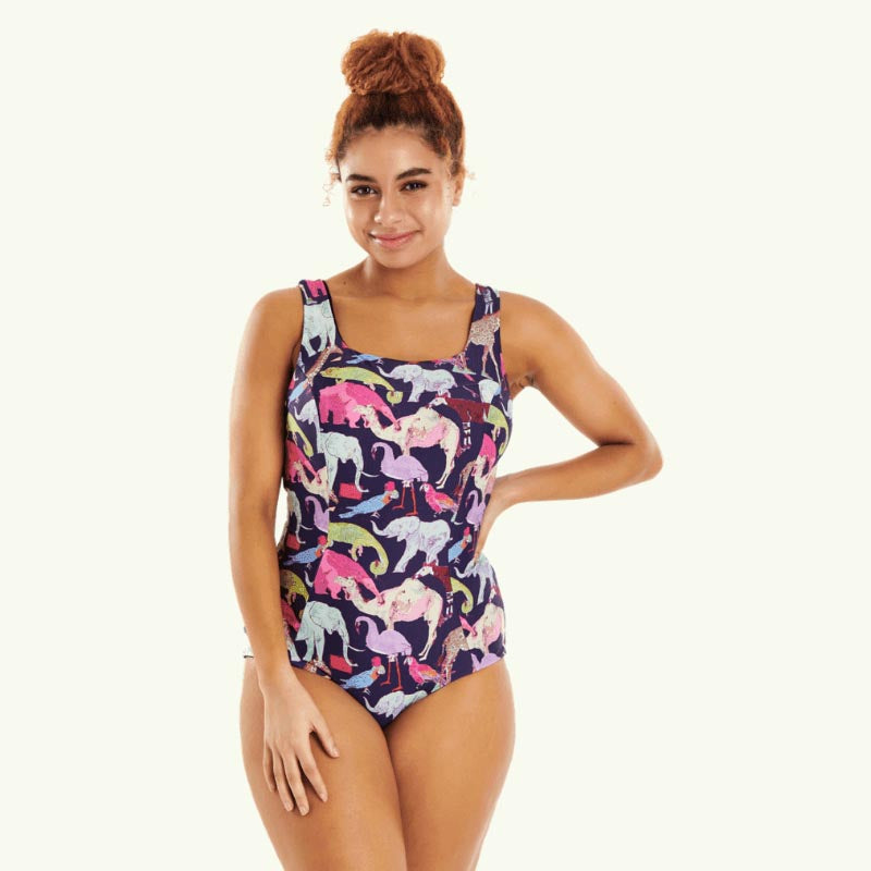Load image into Gallery viewer, Recycled Lycra X-Back Swimsuit - Liberty Zoo Print - Monroe - Sizes 08 to 20
