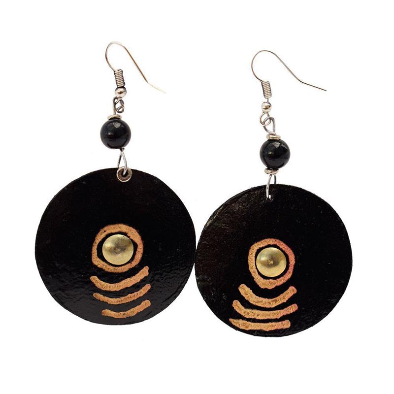 Gourd Earrings-Carved Black Disk with Brass Centre