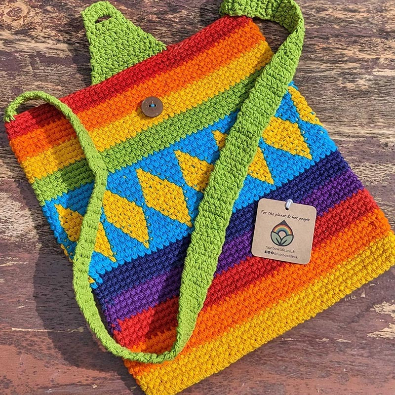Load image into Gallery viewer, Crochet Shoulder Bag - Rainbow &amp; Green
