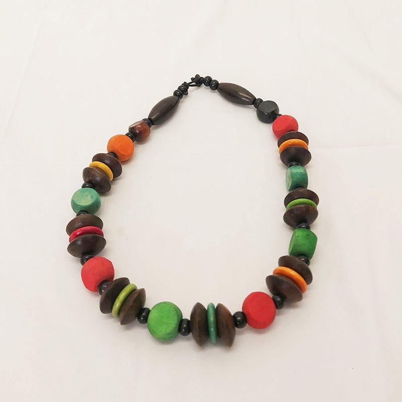 Load image into Gallery viewer, Rainbow and Natural Wood Bead Necklace
